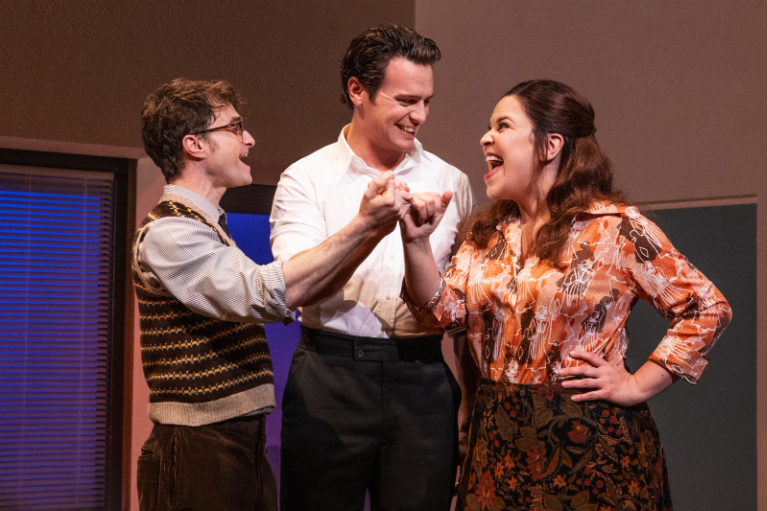 Daniel Radcliffe as Charley Kringas, Jonathan Groff as Franklin Shepard, and Lindsay Mendez as Mary Flynn in Merrily We Roll Along